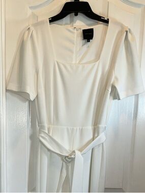 Elegant White Square Neck Jumpsuit with Belt- New w/o tag- Never Worn- Lined- L